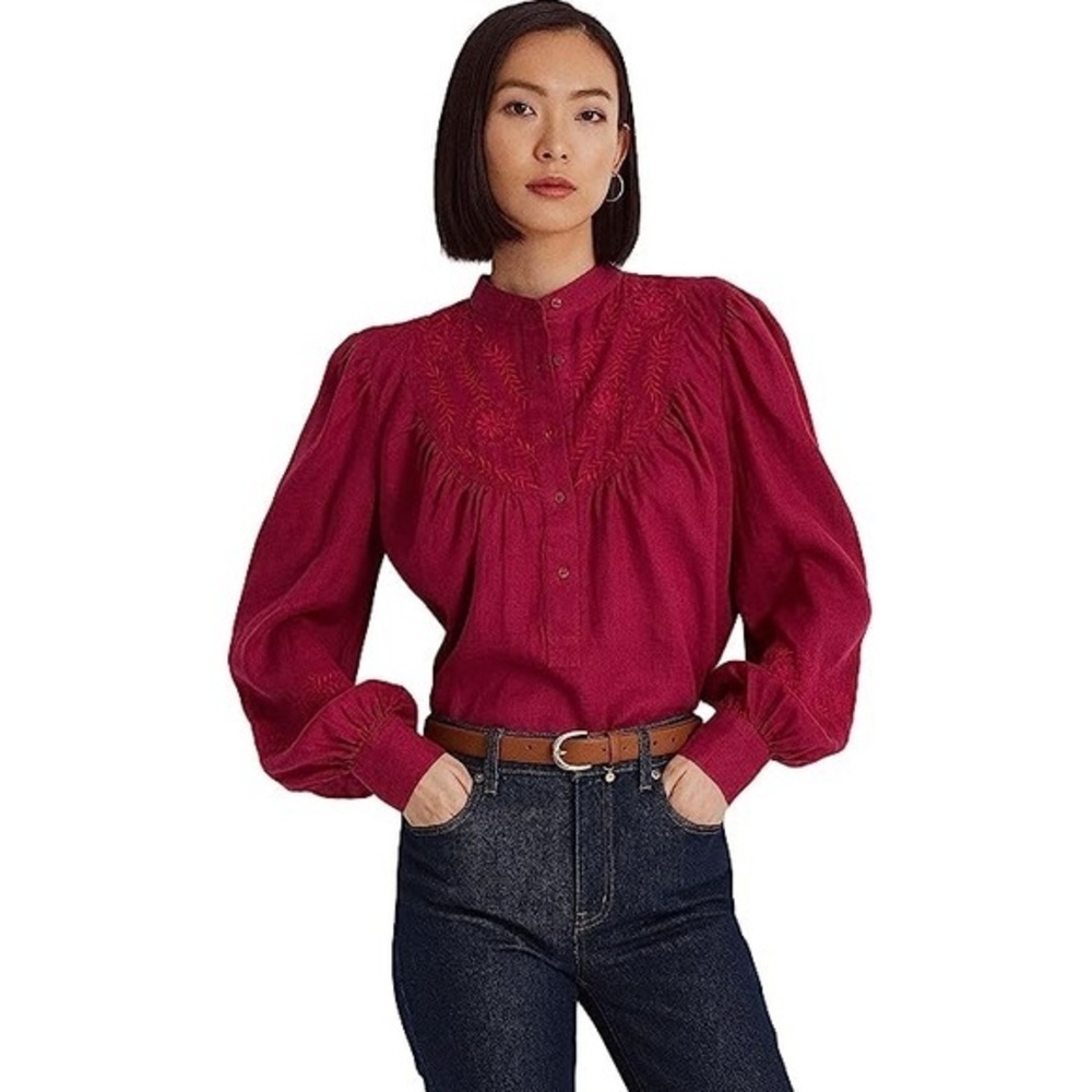 LAUREN Ralph Lauren Embroidered Linen Blouse Fuchsia Berry